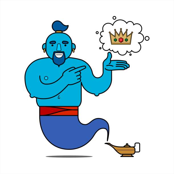 blauer genie aus der lampe, cartoon-charakter. der wunsch, macht zu haben. der genie wird alle drei wünsche erfüllen. die krone ist ein symbol der macht. illustration, poster, isoliert auf weißem hintergrund. - magic lamp genie lamp smoke stock-grafiken, -clipart, -cartoons und -symbole