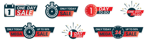 1 tag zum countdown. eines tages verkauf. nur heute verkauf in aufkleber-label-form für die förderung in social media. - label price price tag vector stock-grafiken, -clipart, -cartoons und -symbole