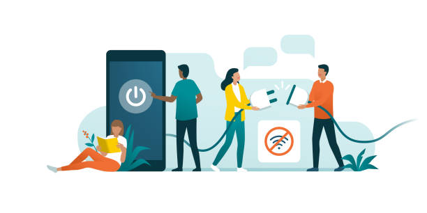 People disconnecting and doing a digital detox Happy people disconnecting and doing a digital detox, they are unplugging the phone and being offline network connection plug illustrations stock illustrations