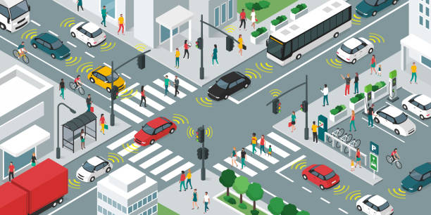 Smart transportation and vehicles moving in the city streets Smart transportation, people and vehicles moving in the city streets using sensors, iot and smart city concept public transportation stock illustrations