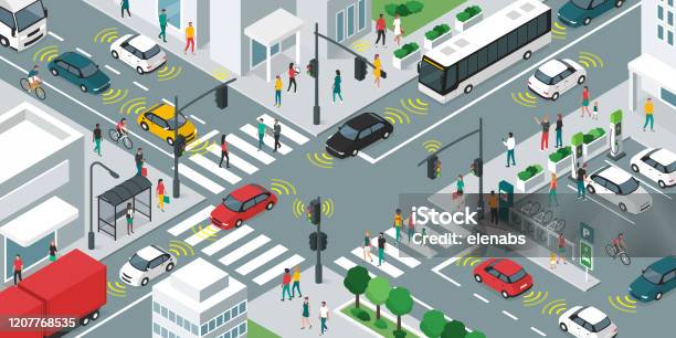 Smart Transportation And Vehicles Moving In The City Streets Stock Illustration - Download Image Now