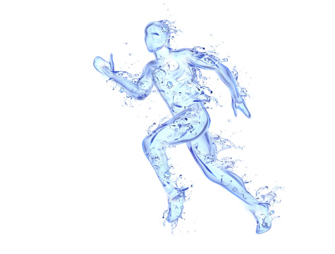 Athlete figure in motion made of water with falling drops. Water artworks collection.
