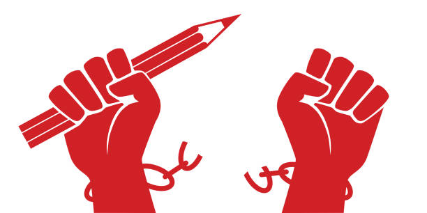 Concept of the struggle for freedom of information with a raised fist holding a pencil while freeing itself from its chains. Concept of freedom of expression, with a raised fist holding a red pencil that breaks its chains symbolizing the struggle for the right to freely express one's opinion. punching the air stock illustrations