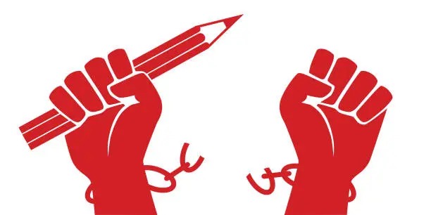 Vector illustration of Concept of the struggle for freedom of information with a raised fist holding a pencil while freeing itself from its chains.