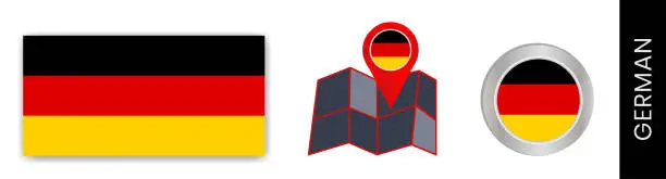 Vector illustration of The collection of German national flags is isolated in official colors and icon pins of Germany maps with country flags.