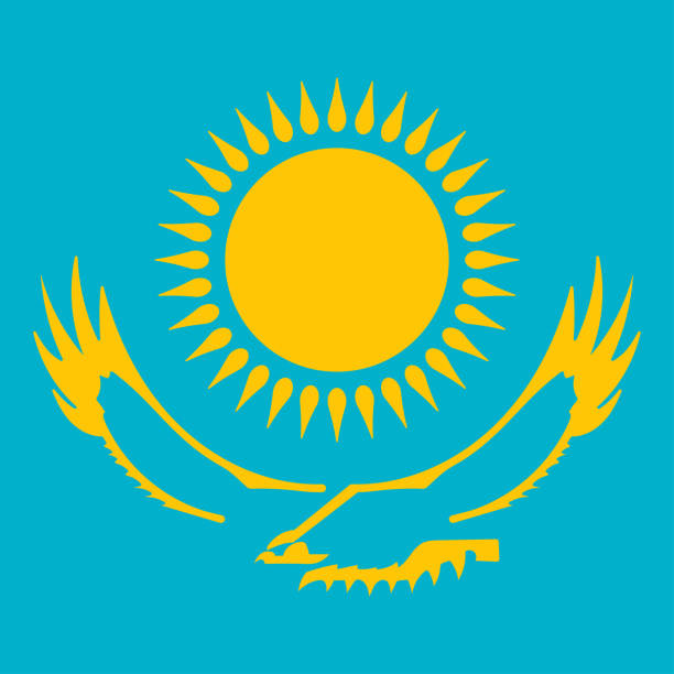 The Kazakhstan emblem is isolated against a light blue background. The Kazakhstan emblem is isolated against a light blue background. steppe eagle aquila nipalensis stock illustrations