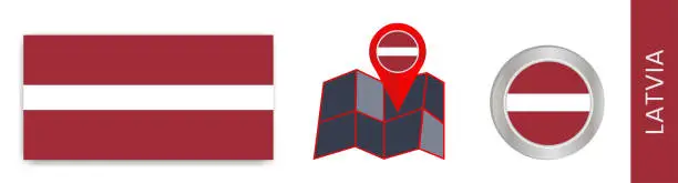 Vector illustration of Latvia national flag collection isolated in official colors and pin map map of Latvia with country flags.