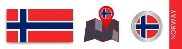 Vector illustration of Collection of Norwegian national flags isolated in official colors and map icons of Norway with country flags.