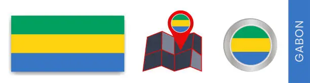 Vector illustration of Collection of Gabonese national flags isolated in official colors and a map icon of Gabon with a country flag.