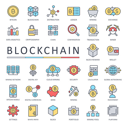 Blockchain Cryptocurrency Bitcoin Icon Set Color - Thin Line