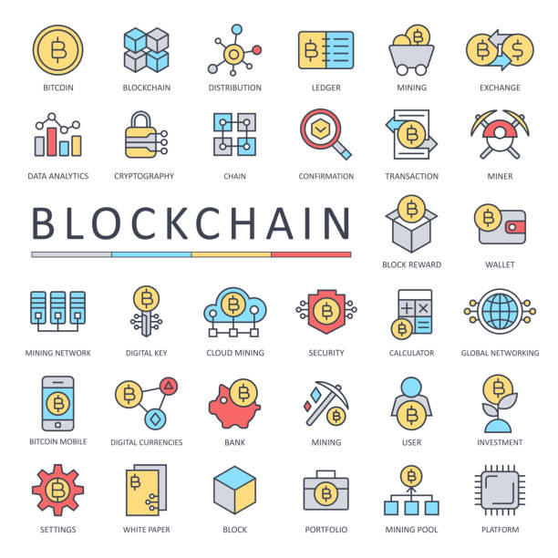 Blockchain Cryptocurrency Bitcoin Icon Set Color - Thin Line Blockchain Cryptocurrency Bitcoin Icon Set Color - Thin Line blockchain icons stock illustrations