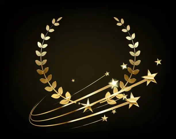 Vector illustration of Luxury 3d logo with a Golden wreath. Privilege, premium membership card design idea with gold stars. Realistic private club logo on a glamorous background.