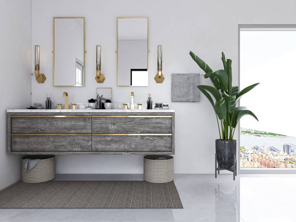 istock 3D rendering, modern residential clean bathroom design, with washbasins, mirrors, toilets, shower equipment and bathtubs, the sun shines in from the floor window. 1207786006