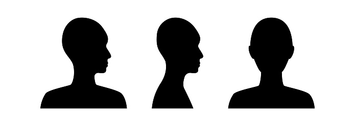 Front and side view silhouette of a head. Anonymous gender neutral face avatar