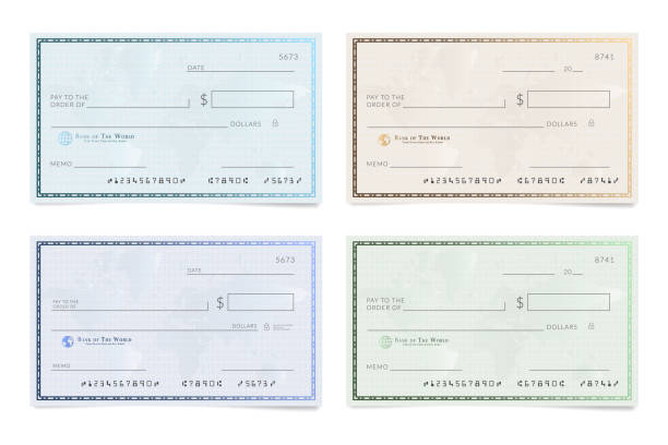 Blank template of the bank cheque. Checkbook check page with an empty fields to fill. Blank template of the bank cheque. Checkbook check page with an empty fields to fill check financial item stock illustrations