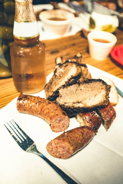 Pork Sausage, ribs, brisket and beer on the table