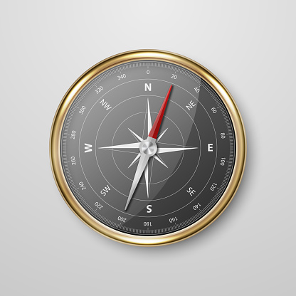 Vector Realistic Metal Golden Antique Old Vintage Compass with Windrose and Black Dial Icon Closeup Isolated on White Background. Design Template. Travel, Navigation Concept. Stock Vector Illustration.