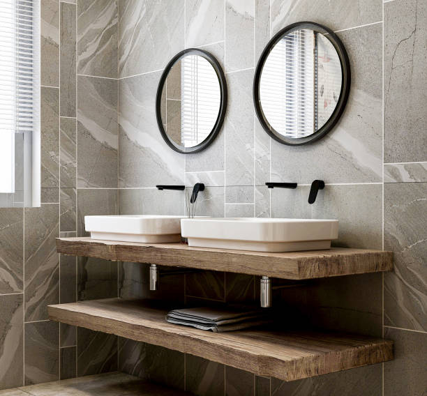 renderowanie 3d, czysta nowoczesna łazienka mieszkalna i konstrukcja toalety, która jest wyposażona w umywalkę, toaletę i prysznic itp. - washstand zdjęcia i obrazy z banku zdjęć