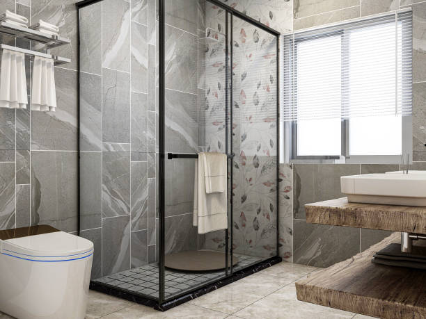 istock 3D rendering,Clean modern residential bathroom and toilet design, which is equipped with washstand, toilet and shower equipment, etc. 1207798210