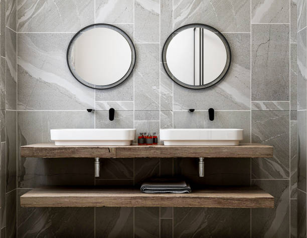 istock 3D rendering,Clean modern residential bathroom and toilet design, which is equipped with washstand, toilet and shower equipment, etc. 1207798214