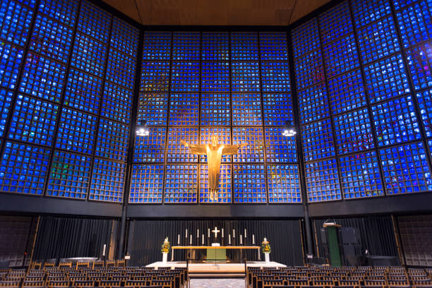 Berlin, Germany - October 1, 2019: The Altar and Stained Glass Window of the Kaiser Wilhelm Memorial Church in the Kurfürstendamm Area of Berlin