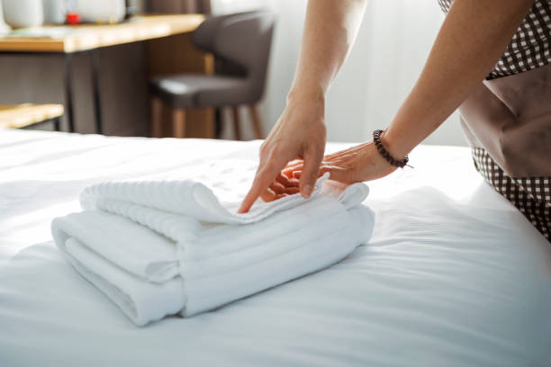 istock Fresh towels during housekeeping in a hotel room 1207800571