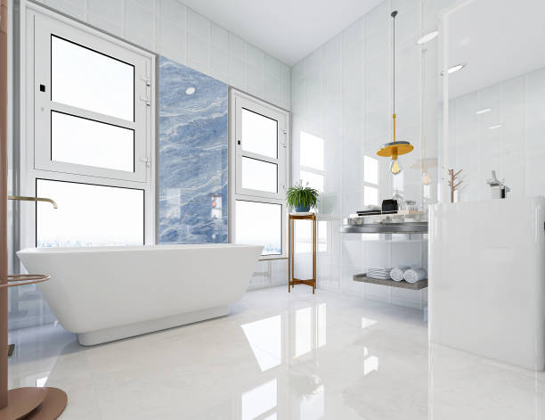 istock 3D rendering, modern residential clean bathroom design, with washbasins, mirrors, toilets, shower equipment and bathtubs, the sun shines in from the floor window. 1207800614