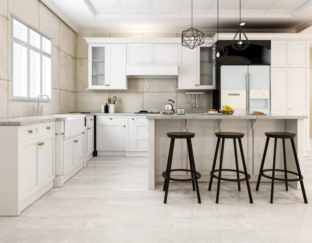 istock 3D rendering,Modern family kitchen design, new cabinets and kitchenware with refrigerators, sunlight from the window. 1207800620