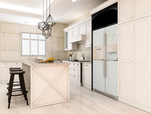 istock 3D rendering,Modern family kitchen design, new cabinets and kitchenware with refrigerators, sunlight from the window. 1207800621