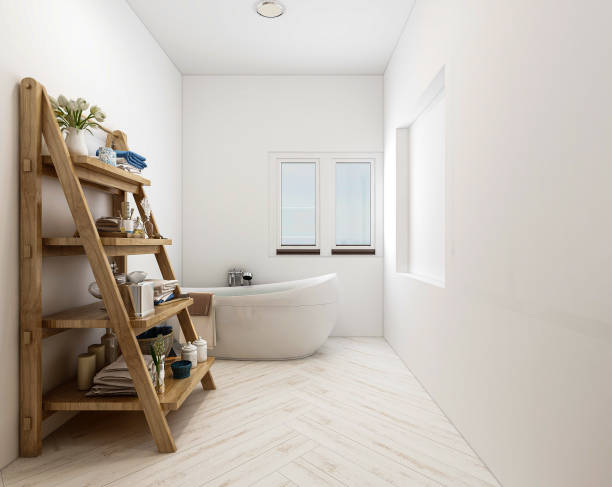 istock 3D rendering, modern residential clean bathroom design, with washbasins, mirrors, toilets, shower equipment and bathtubs, the sun shines in from the floor window. 1207800632