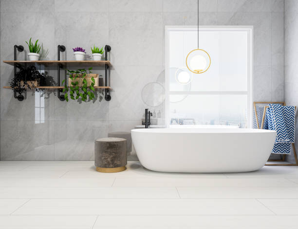 istock 3D rendering, modern residential clean bathroom design, with washbasins, mirrors, toilets, shower equipment and bathtubs, the sun shines in from the floor window. 1207800644