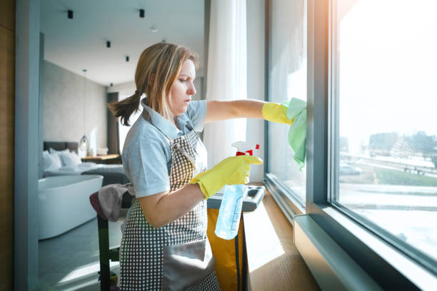 istock Young woman washing windows in room 1207800658