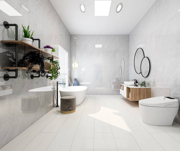 istock 3D rendering, modern residential clean bathroom design, with washbasins, mirrors, toilets, shower equipment and bathtubs, the sun shines in from the floor window. 1207800660