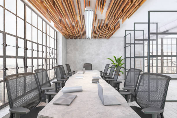 istock Modern conference room interior with large desk and glass wall 1207801208