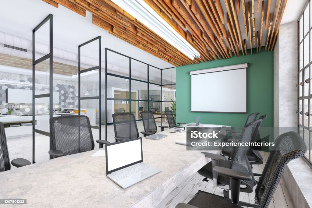 Modern conference room interior with projector screen on the wall for copy space Modern office interior meeting room with screen projector for copy space. No people. Daylight with large windows and glass wall. Render Backgrounds Stock Photo