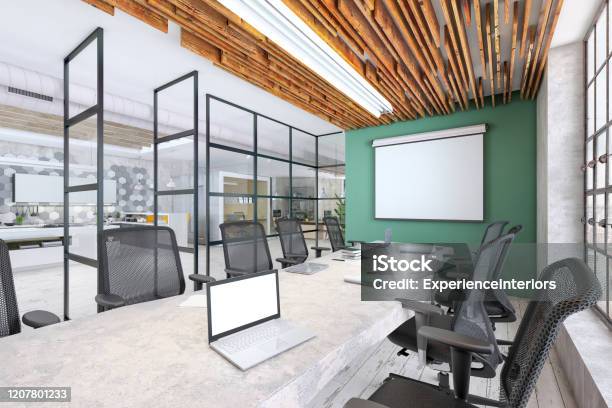 Modern Conference Room Interior With Projector Screen On The Wall For Copy Space Stock Photo - Download Image Now