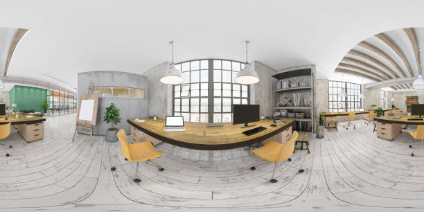360 degree VR of large modern office interior Office interior 360 degree VR panoramic render. Open space with working stations next to the window with daylight. No people. 360 degree view stock pictures, royalty-free photos & images