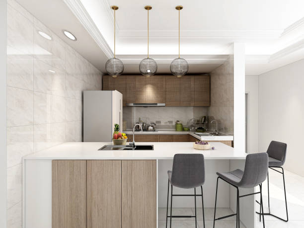 istock 3D rendering,Modern family kitchen design, new cabinets and kitchenware with refrigerators, sunlight from the window. 1207802742
