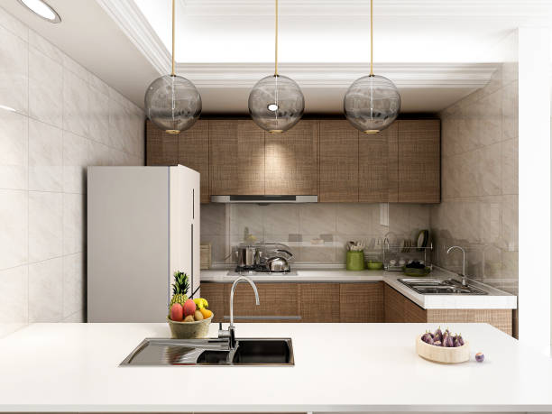 istock 3D rendering,Modern family kitchen design, new cabinets and kitchenware with refrigerators, sunlight from the window. 1207802744