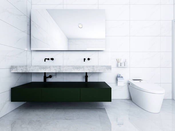istock 3D rendering,Clean modern residential bathroom and toilet design, which is equipped with washstand, toilet and shower equipment, etc 1207802838