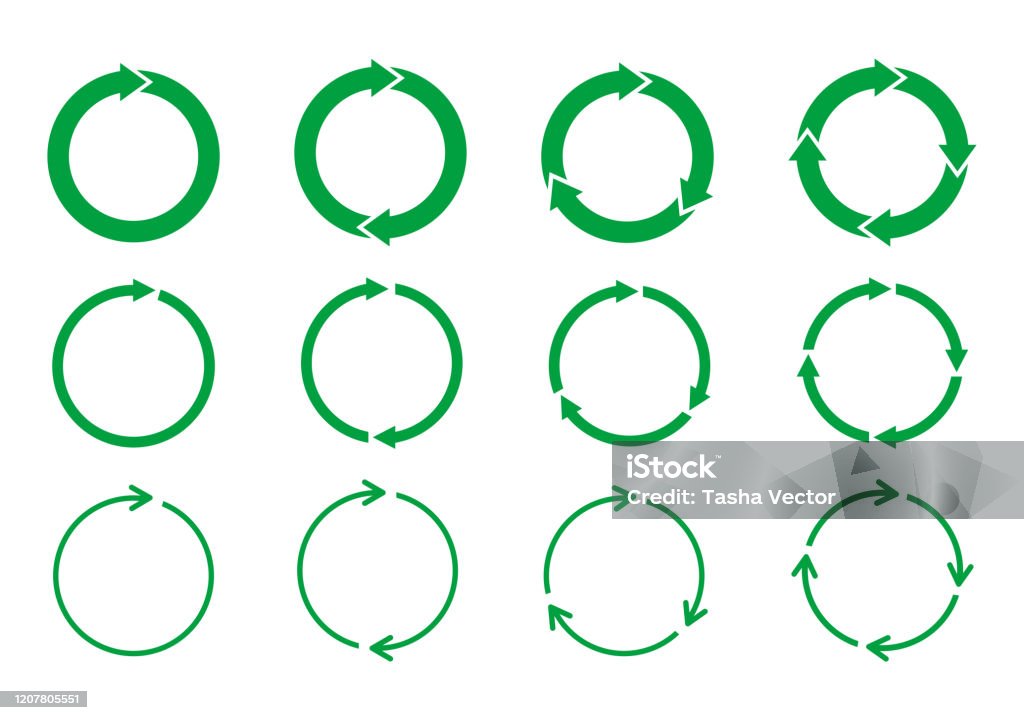 Set di frecce verdi che ruotano su sfondo bianco. Concetto di riciclo. - arte vettoriale royalty-free di Segno di freccia