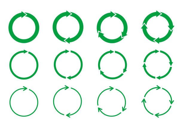 zestaw zielonych strzałek okrąg obracających się na białym tle. koncepcja recyklingu. - multiplication stock illustrations