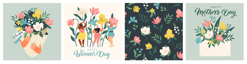 Happy Mother's Day and March 8! Cute cards and posters for the spring holiday. Vector illustration of a date, a women and a bouquet of flowers!