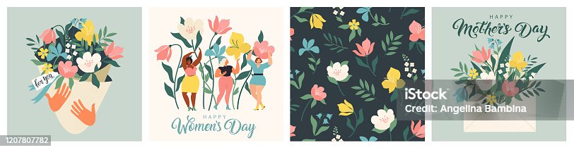 istock Happy Mother's Day and March 8! Cute cards and posters for the spring holiday. Vector illustration of a date, a women and a bouquet of flowers! 1207807782
