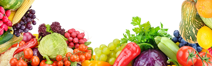 Frame of set vegetables and fruits on white background. Copy space. Top view. Free space for text.