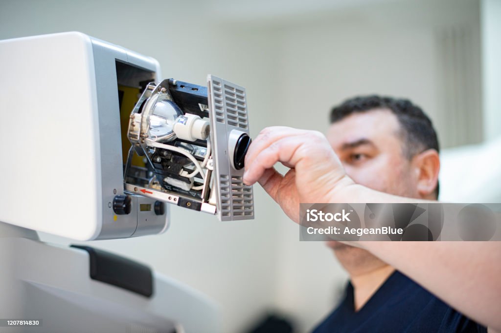 Microscope Repair Sign Technician Repairing An Operating Microscope Stock Photo - Download ...