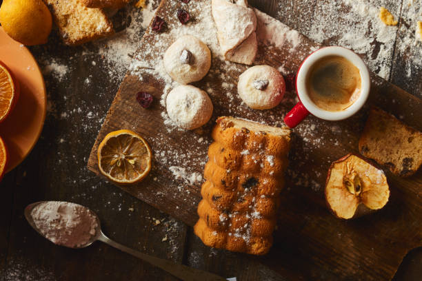 istock apple pie, chocolate, fruit cake, espresso on wooden table 1207817136