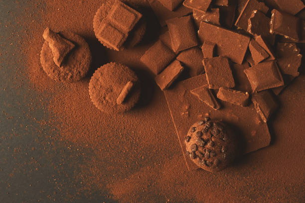 chocolate, cocoa powder wooden background