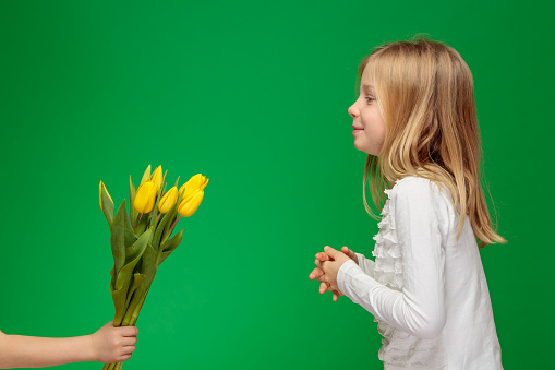 Little smiling girl receiving flowers for women's day. Studio shot on green background.