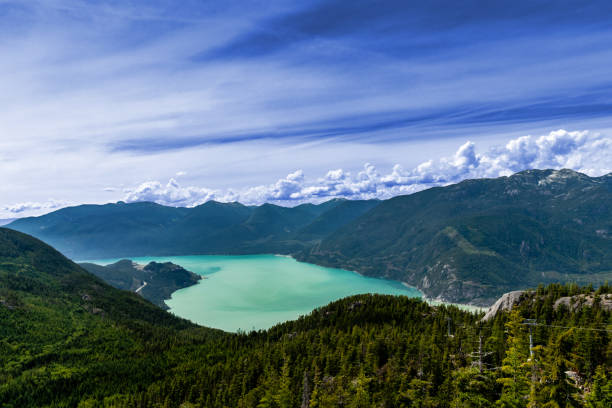 Blue sky, teal ocean and white clouds, Squamish, BC, Canada
